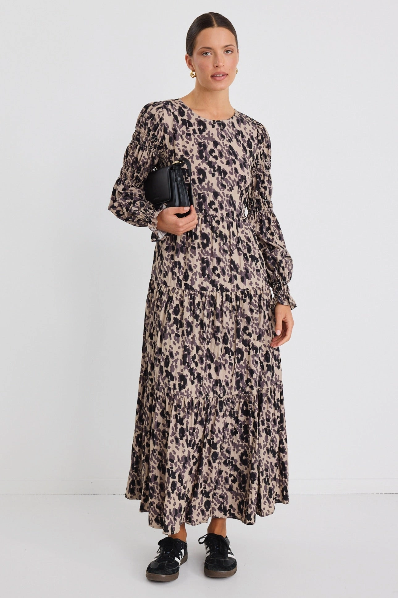 Comfy and Chic Gentle Glow Effortless Animal LS Shirred Sleeve Tiered Maxi Dress