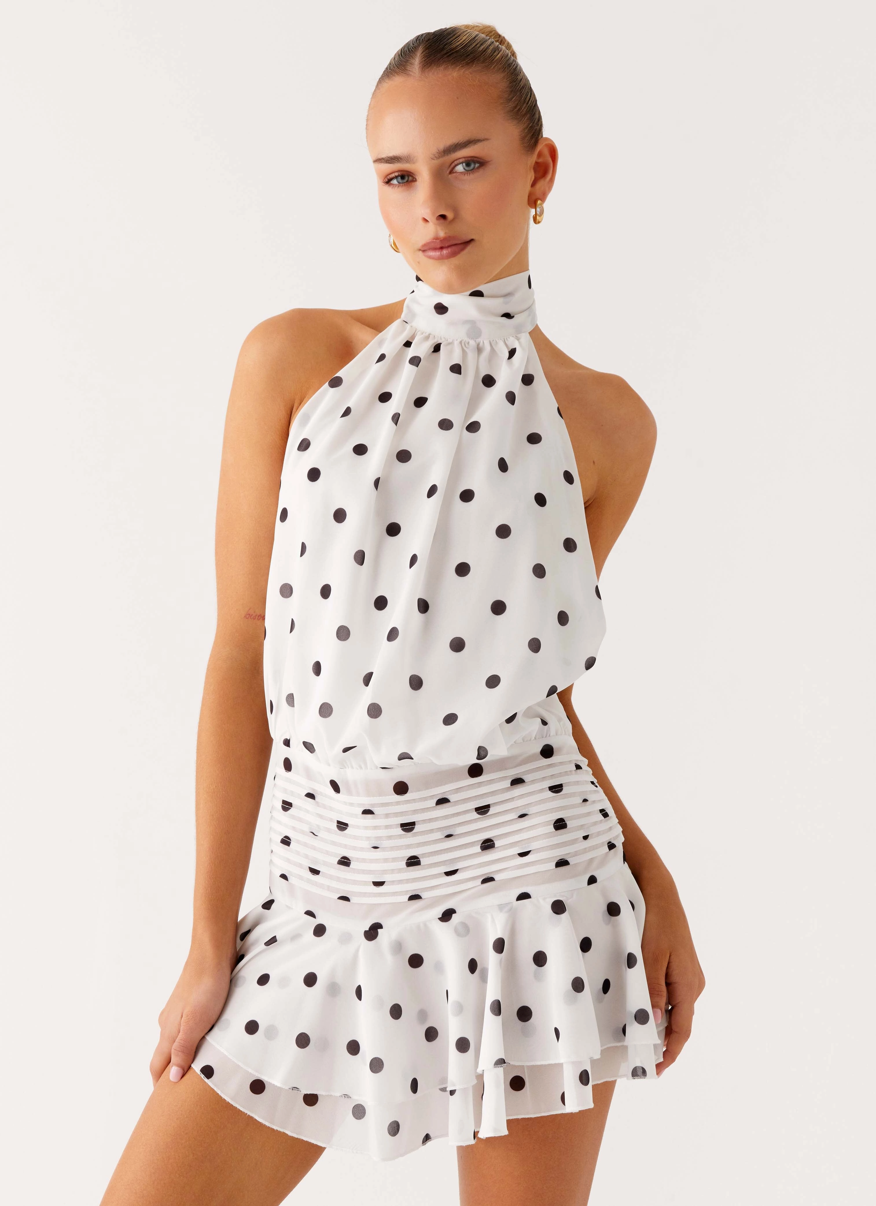 Timeless Wearable Willow Chiffon Mini Dress - White Polka Dot