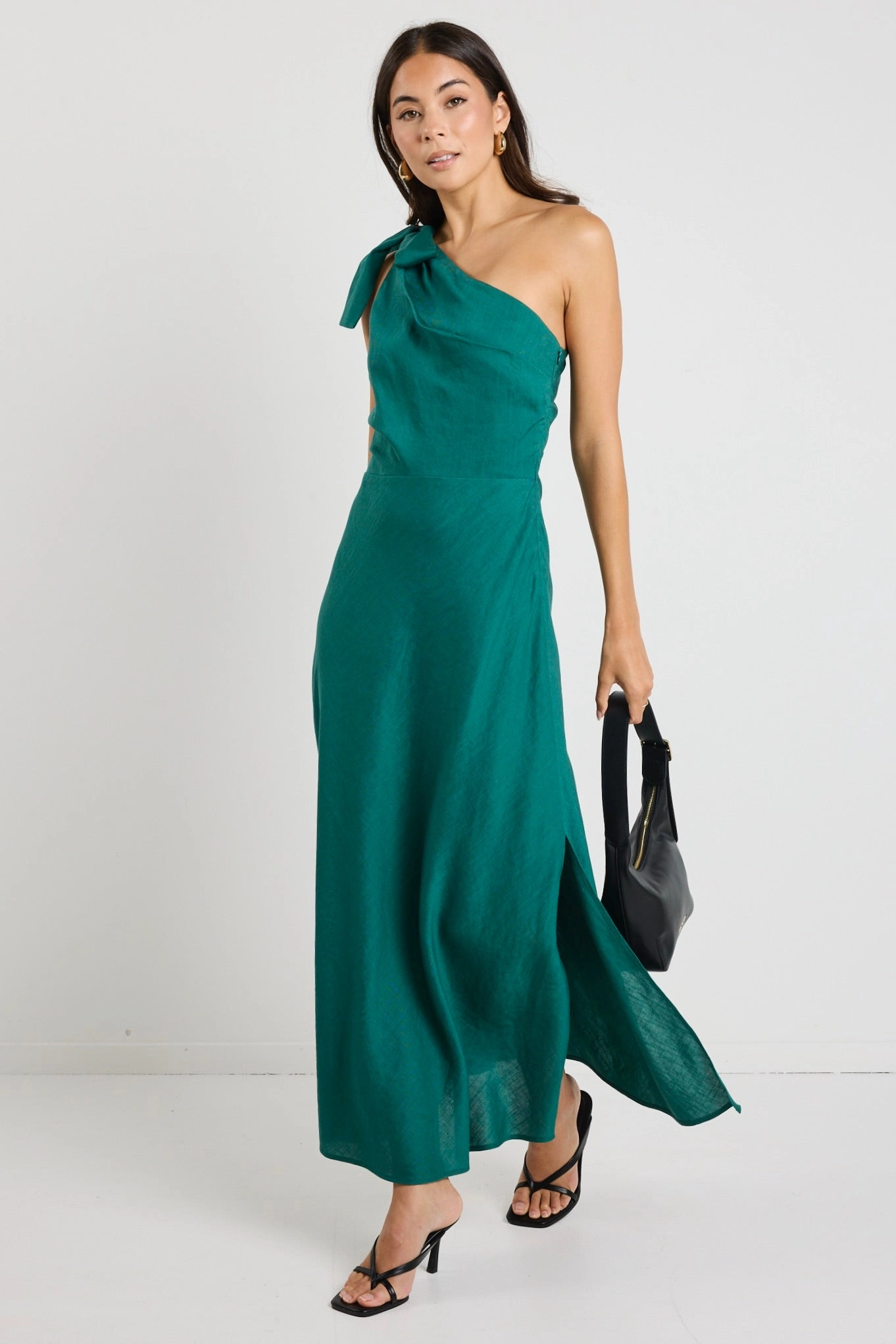 Clean Structure Mirror Forest Linen Blend One Shoulder Bow Midi Dress