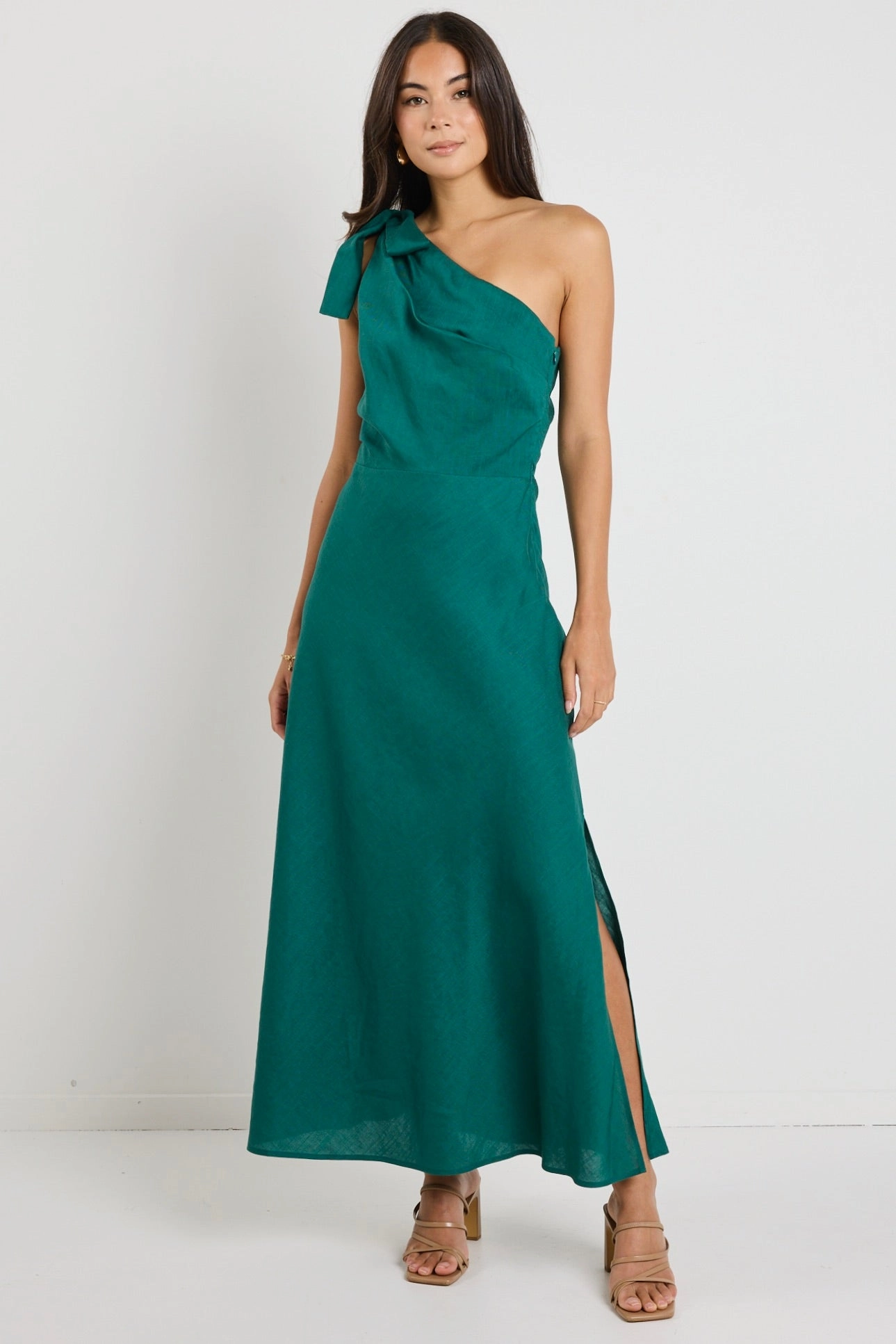 Mirror Forest Linen Blend One Shoulder Bow Midi Dress foldable Minimalist Fit