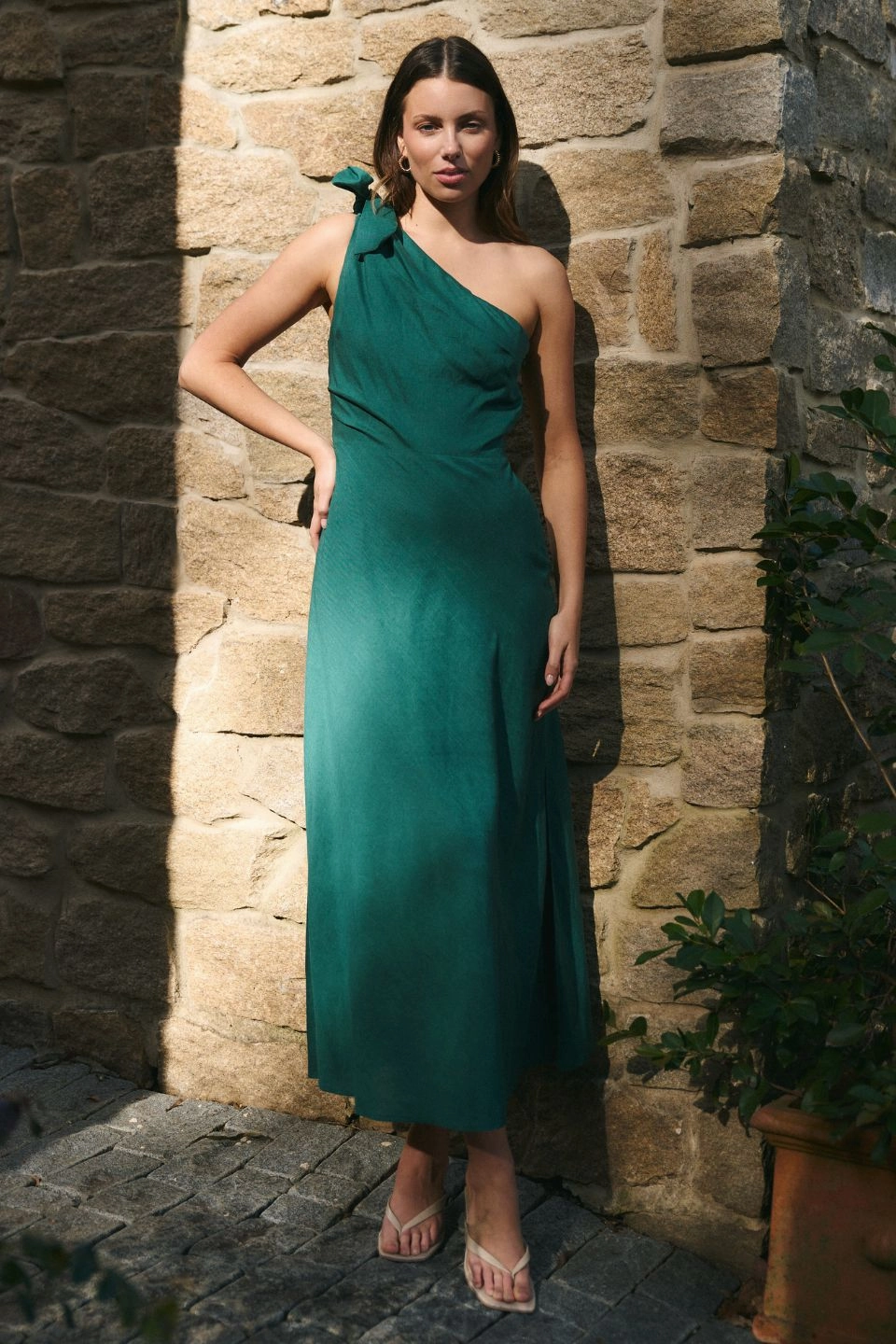 Mirror Forest Linen Blend One Shoulder Bow Midi Dress Smart Silhouette Modern Soft