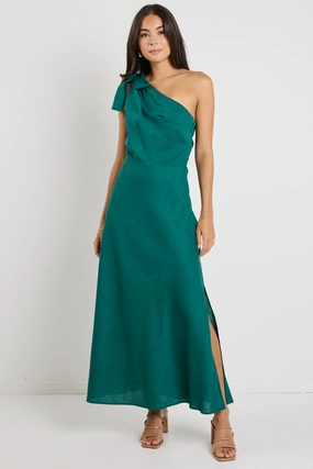 Mirror Forest Linen Blend One Shoulder Bow Midi Dress foldable Minimalist Fit