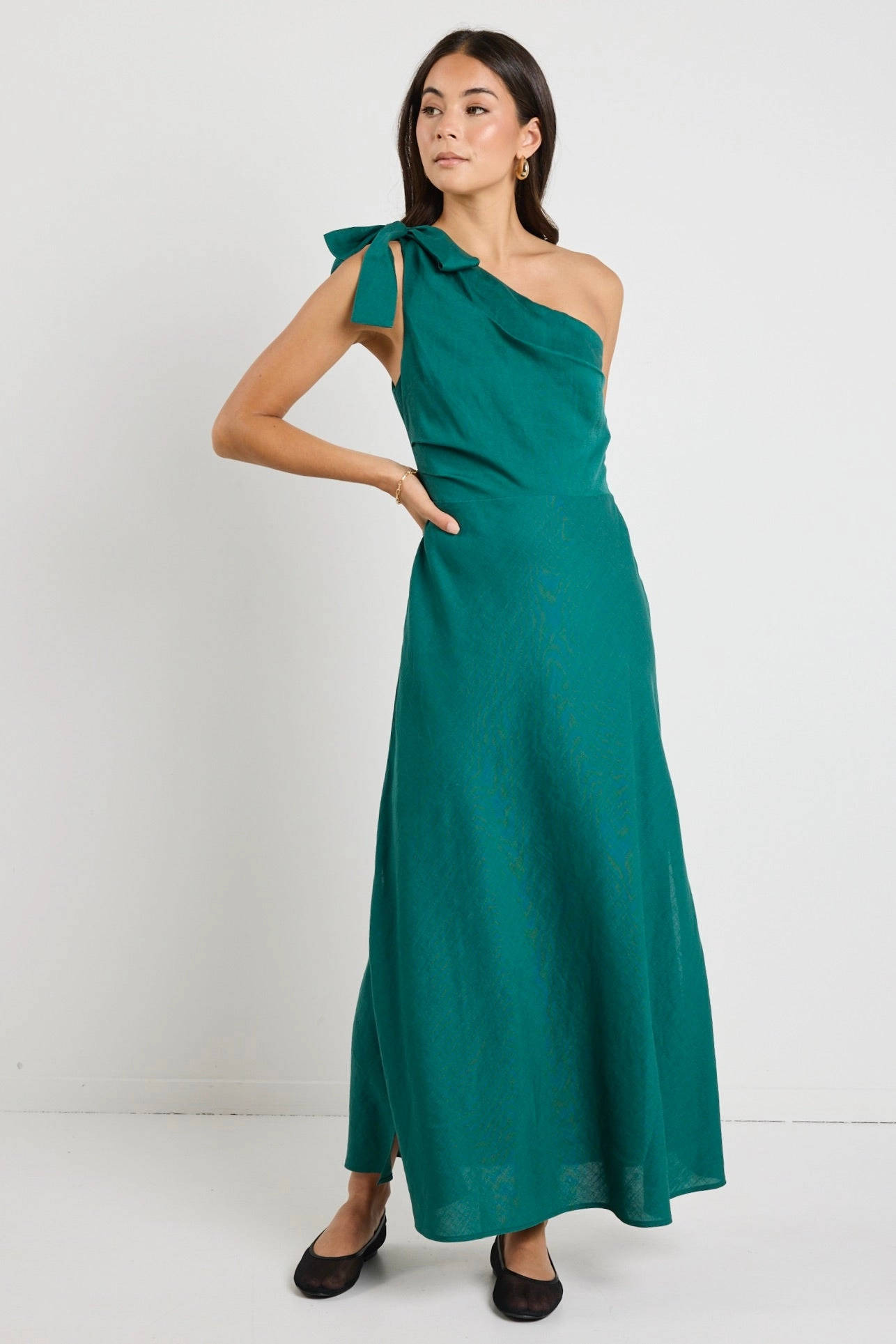 Mirror Forest Linen Blend One Shoulder Bow Midi Dress Adjustable Straps