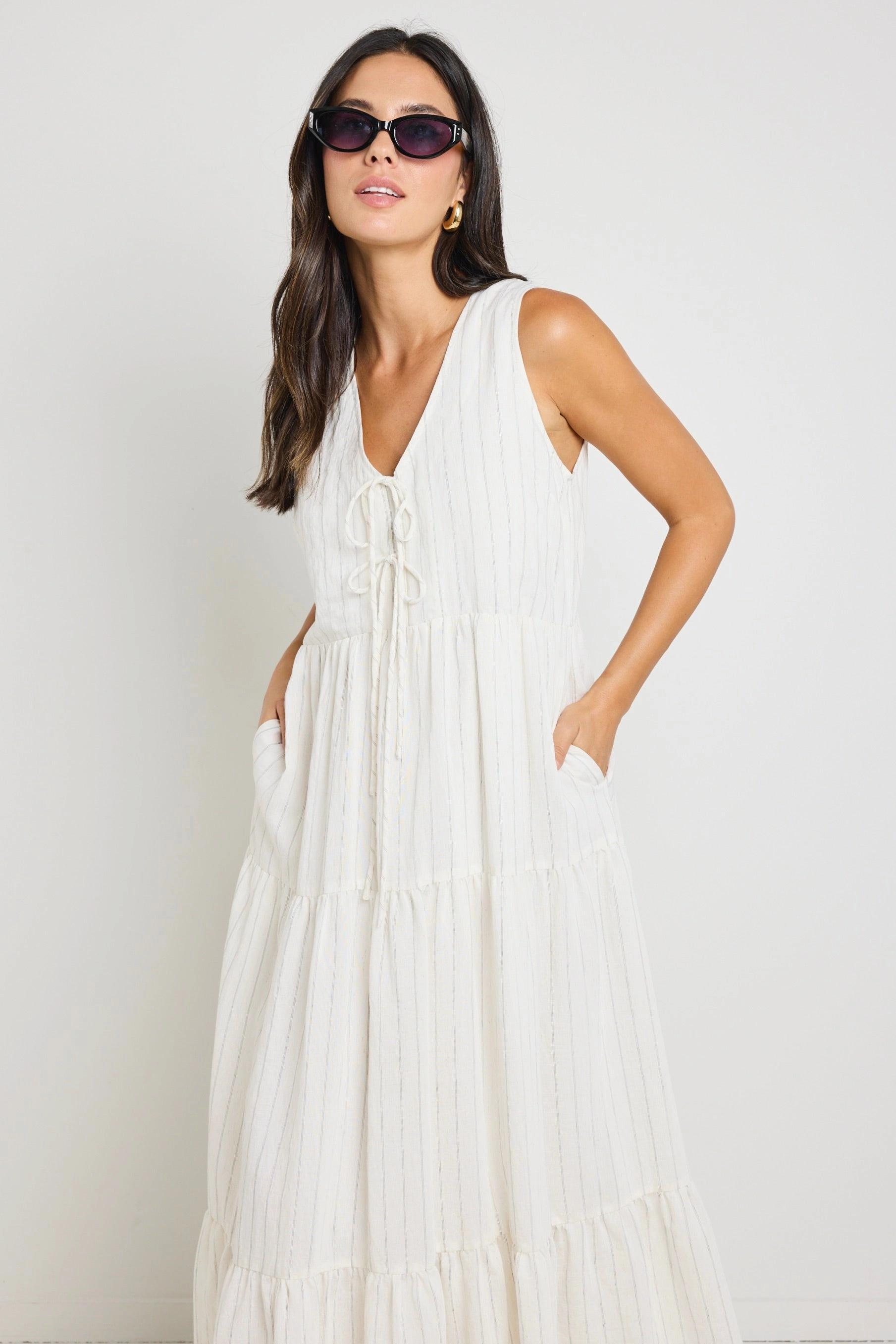 Scope Ivory Stripe Tiered Tie Front Midi Dress All Daywear