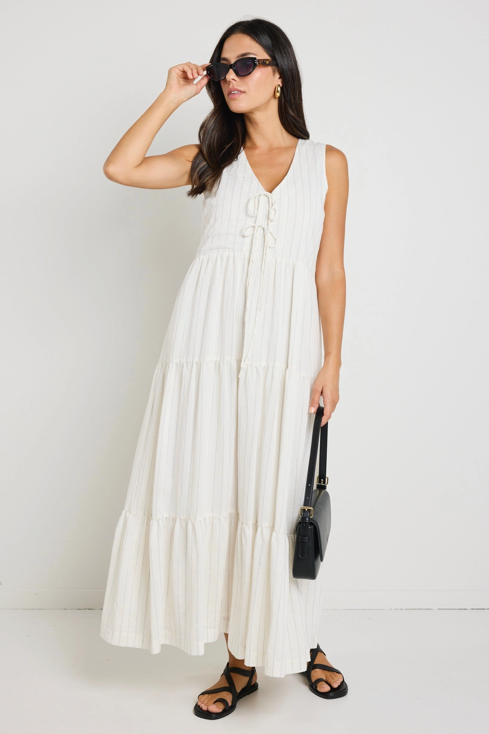 Silky Shape Scope Ivory Stripe Tiered Tie Front Midi Dress