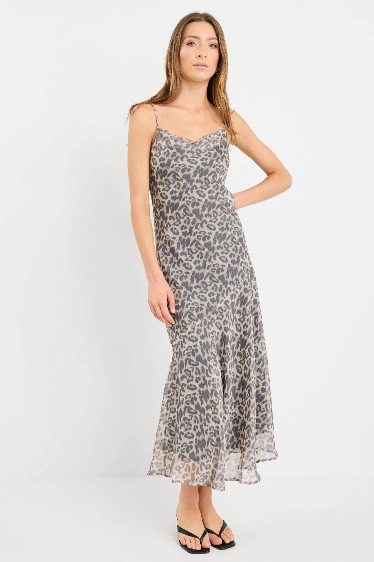 Reign Leopard Print Georgette Strappy Maxi Dress Art Inspired Minimalist fit-and-flare