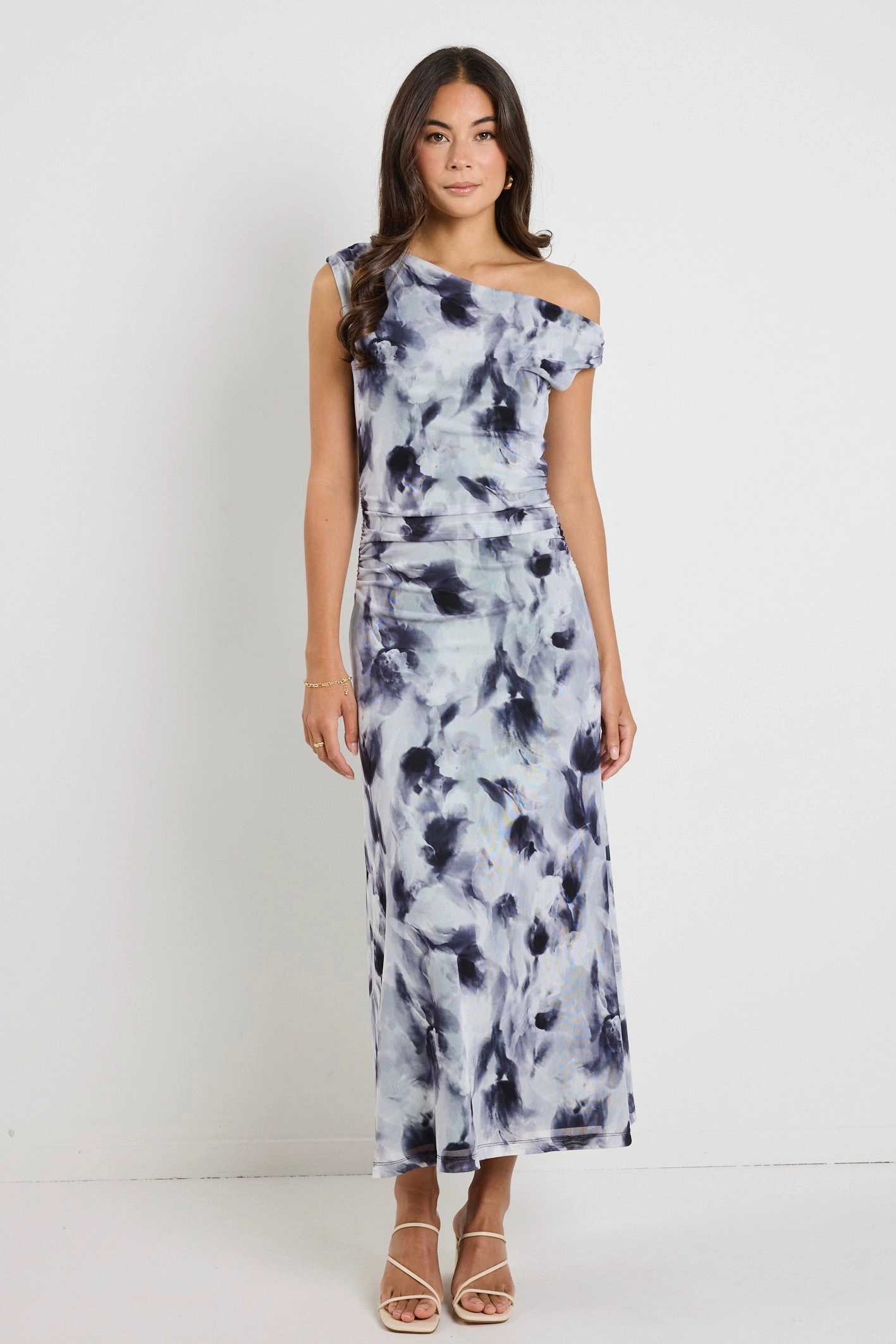 Sheer Light Festival-Ready Chemistry Charcoal Smudge Mesh Off Shoulder Maxi Dress