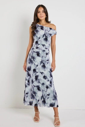 Chemistry Charcoal Smudge Mesh Off Shoulder Maxi Dress Bodycon Fit