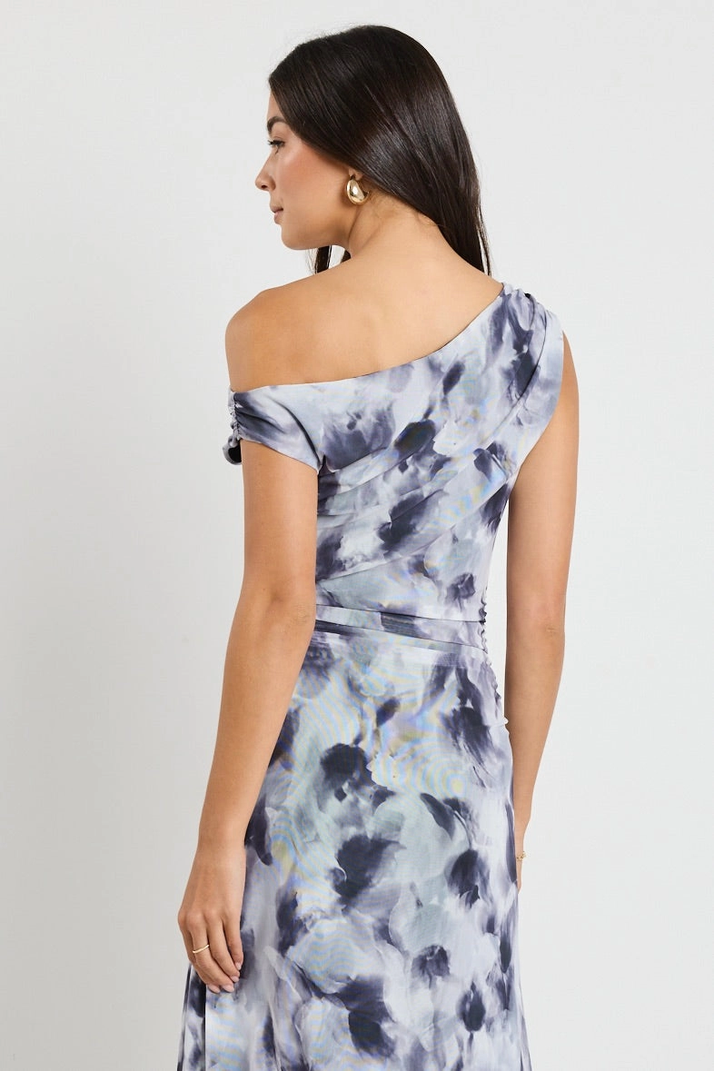 Chemistry Charcoal Smudge Mesh Off Shoulder Maxi Dress Timeless Look Work Friendly