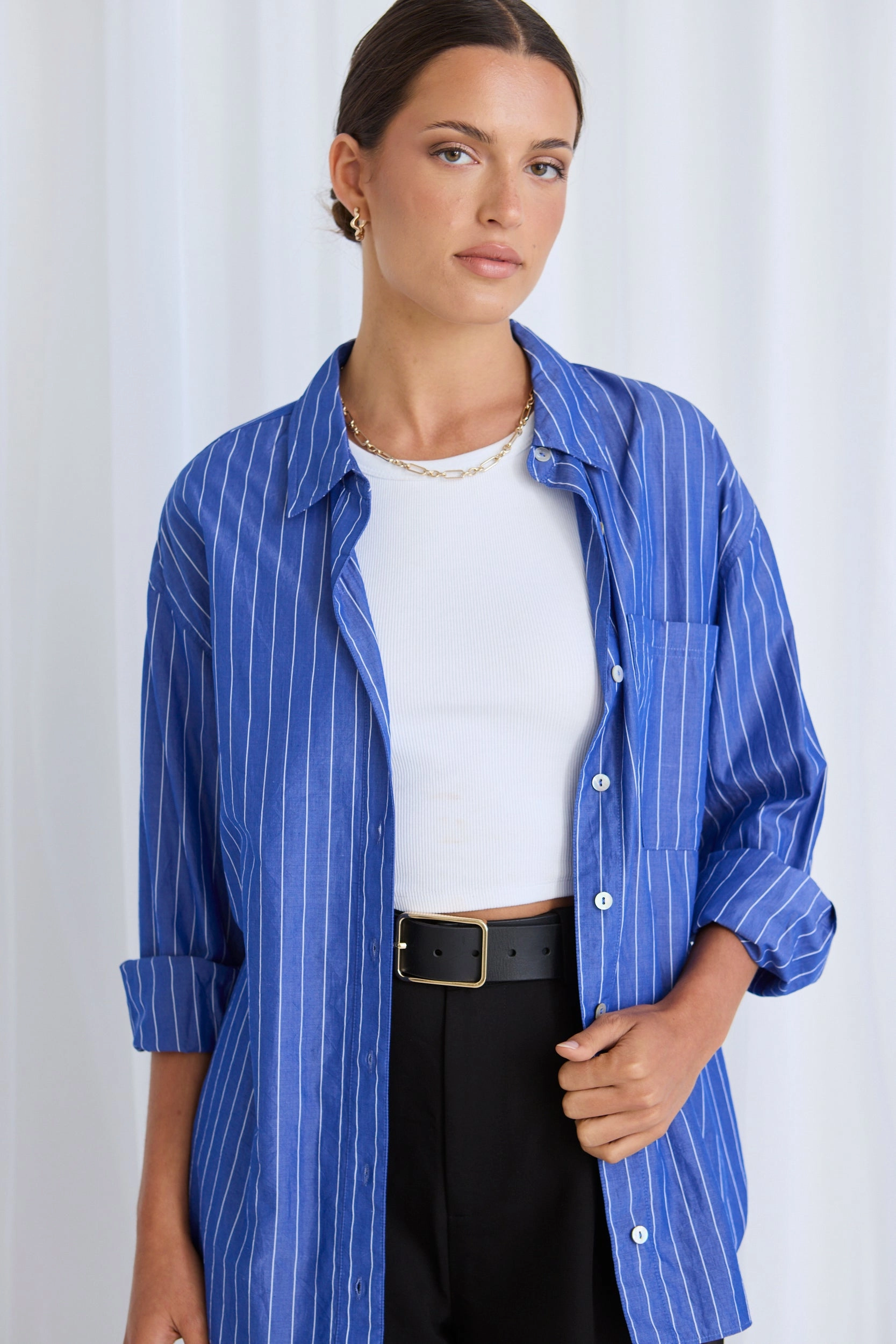 You Got This Deep Blue Stripe Oversized Shirt VNeckline
