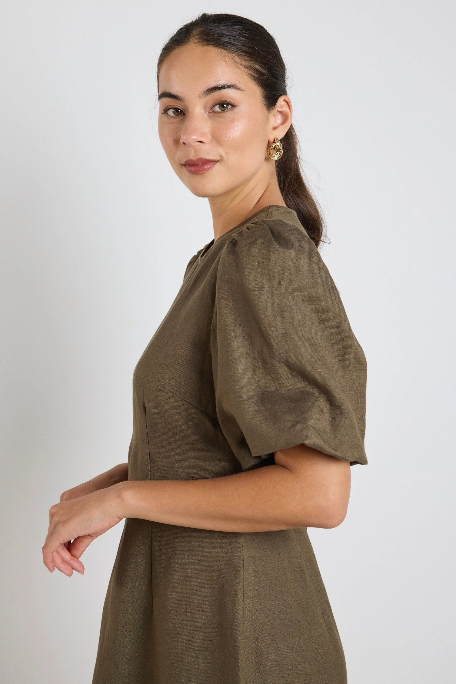 Elder Khaki Linen Blend Puff Sleeve Midi Dress LayeredHemline