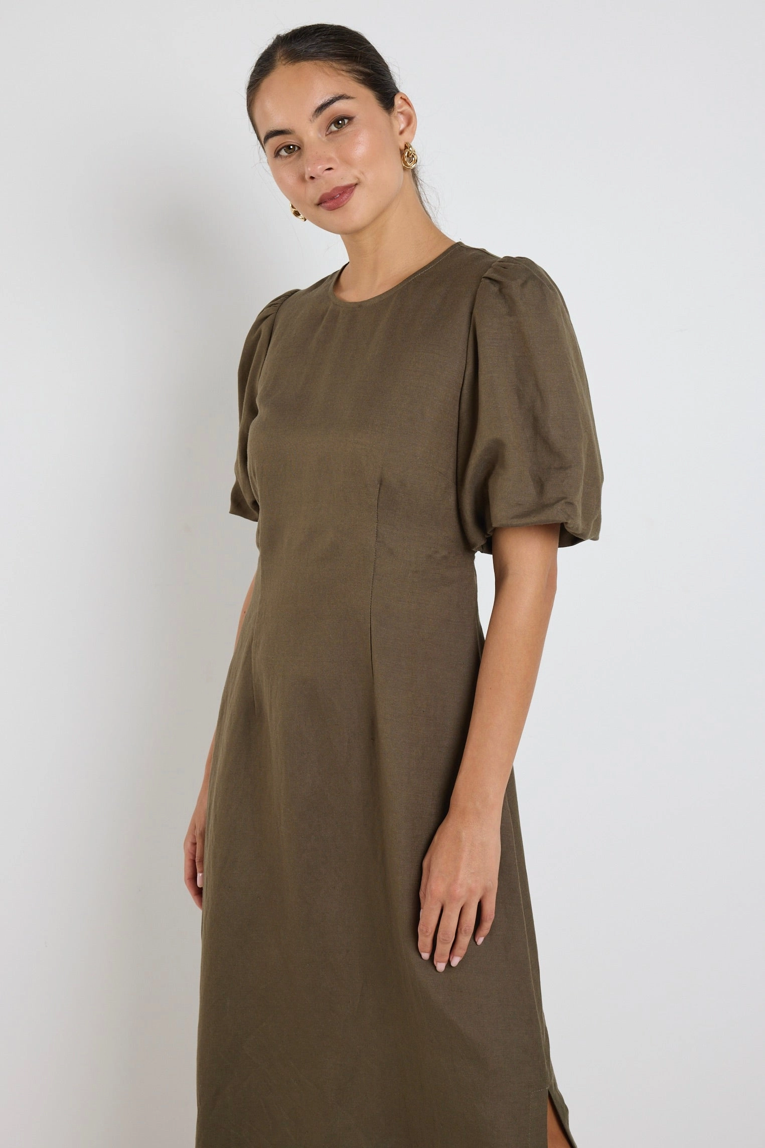 Elder Khaki Linen Blend Puff Sleeve Midi Dress Weekend Casual Vibrant Tone