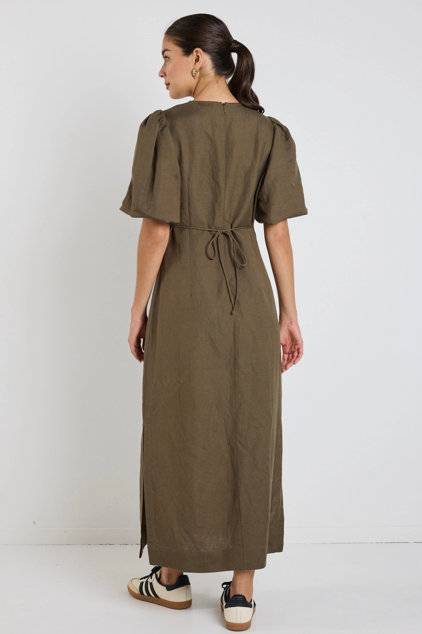 Elder Khaki Linen Blend Puff Sleeve Midi Dress Versatile Wear
