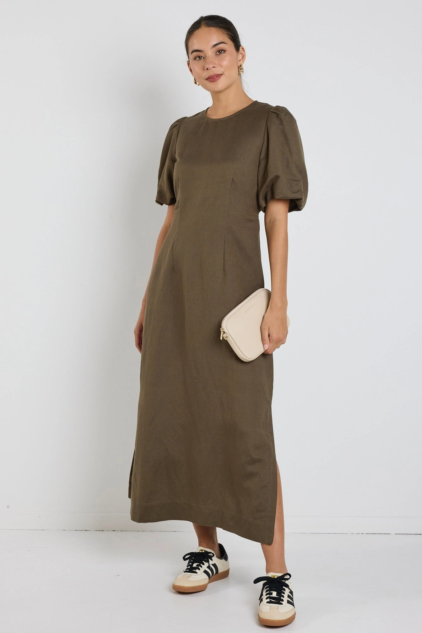 Confident Mood Elder Khaki Linen Blend Puff Sleeve Midi Dress
