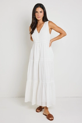 Understated Glam Timeless Beauty Villa White Cotton Voile Sleeveless Button Front Tiered Maxi Dress