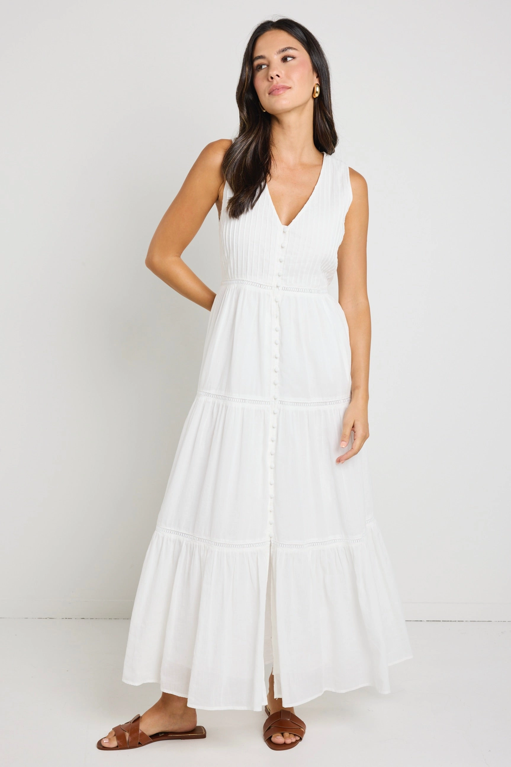 Villa White Cotton Voile Sleeveless Button Front Tiered Maxi Dress Gentle Aesthetic