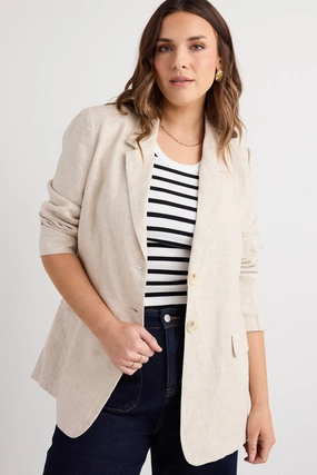 Timeless Comfort Aster Natural Linen Single Breasted Longline Blazer