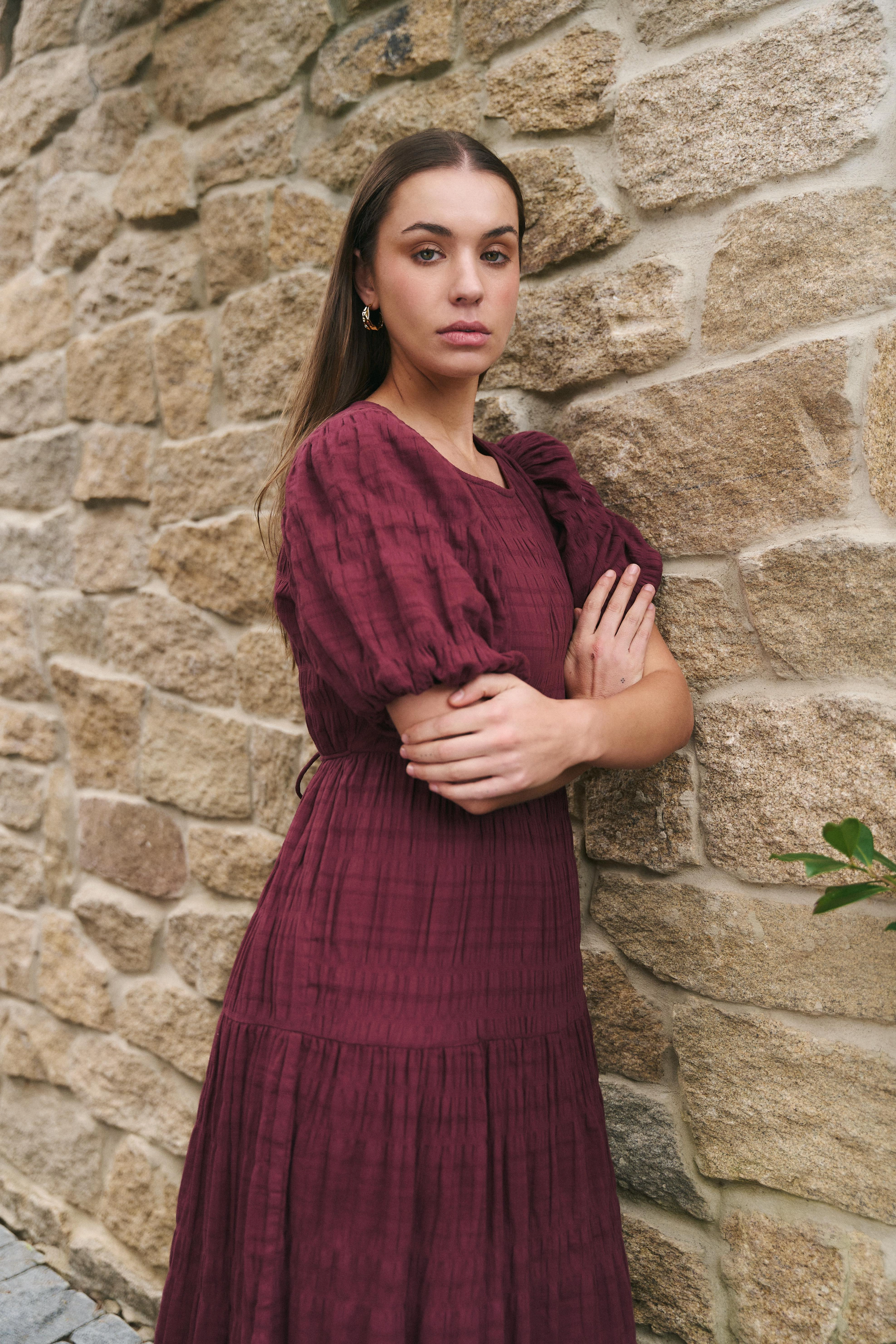 Graceful Burgundy Shirred Cotton Bubble Short Sleeve Tiered Maxi Dress Daily Silhouette