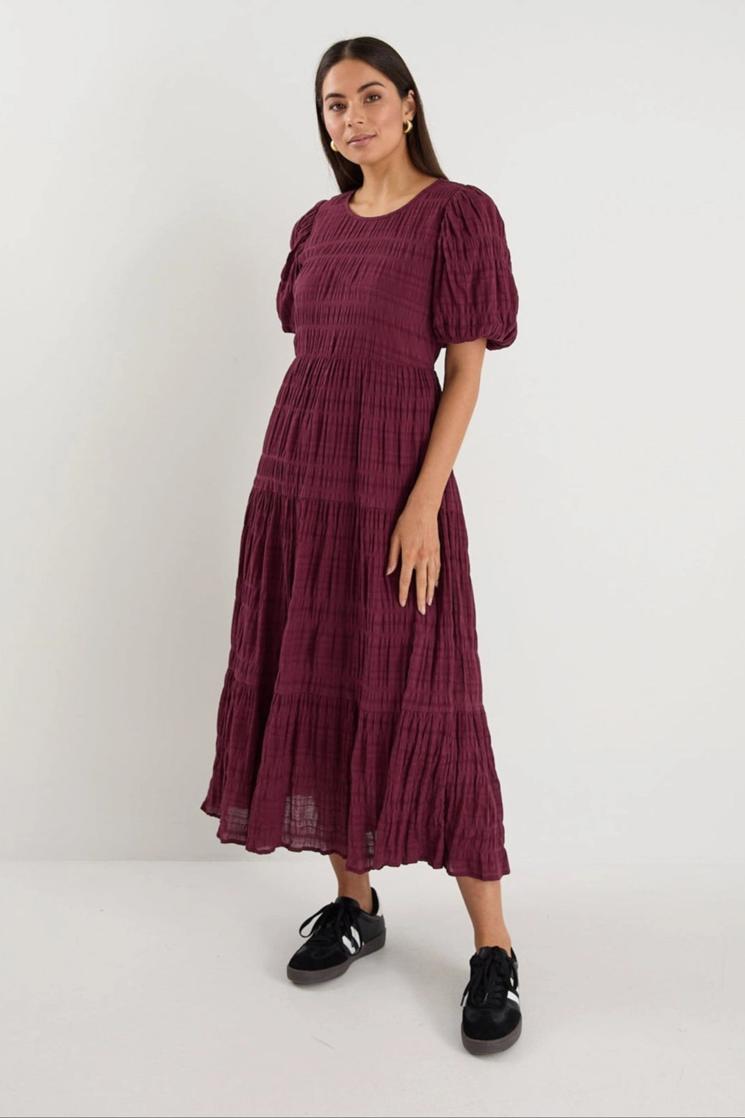 Scandi Light Wave Soft Graceful Burgundy Shirred Cotton Bubble Short Sleeve Tiered Maxi Dress