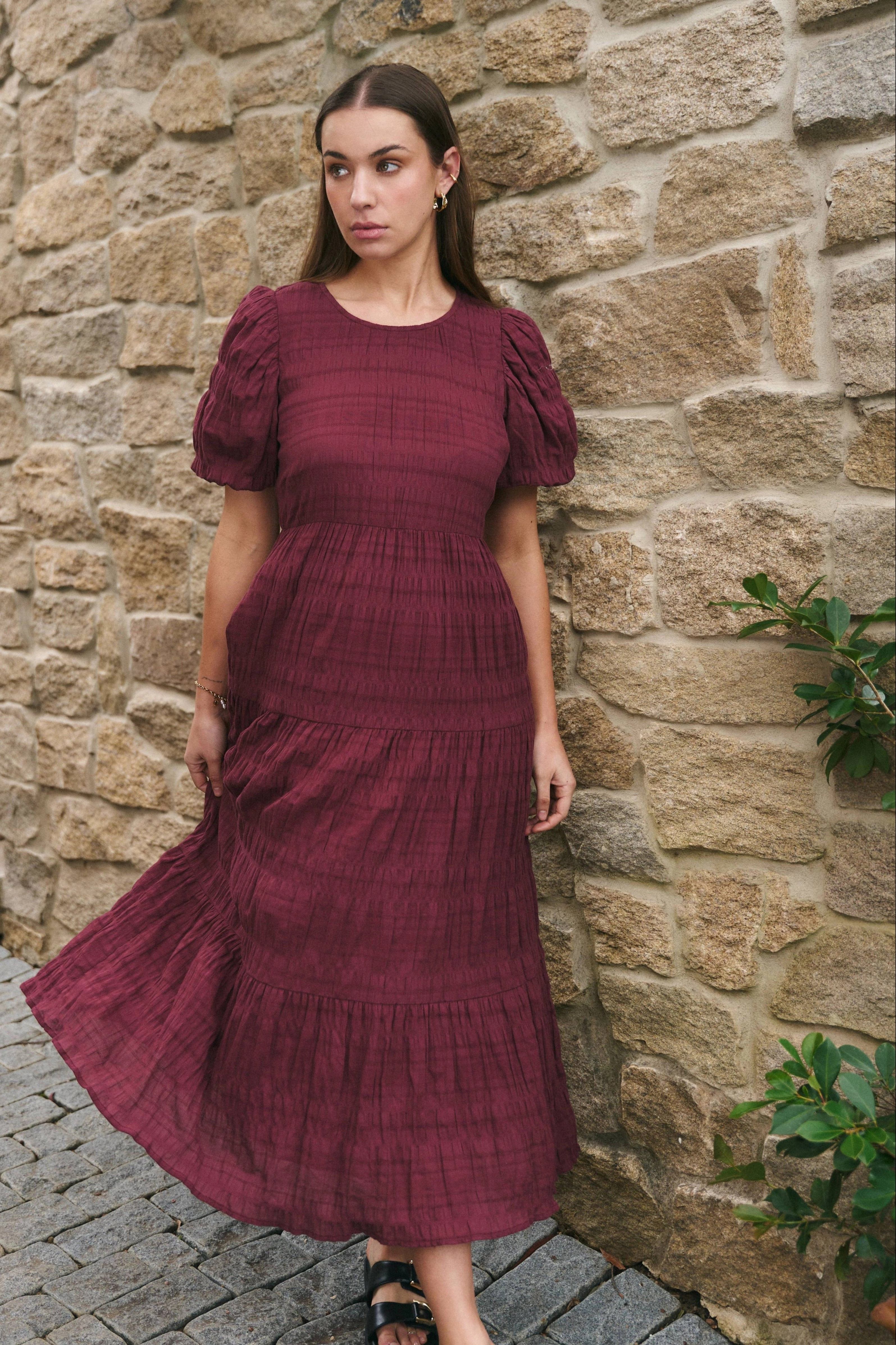 Delicate Touch Timeless Look Wear Graceful Burgundy Shirred Cotton Bubble Short Sleeve Tiered Maxi Dress