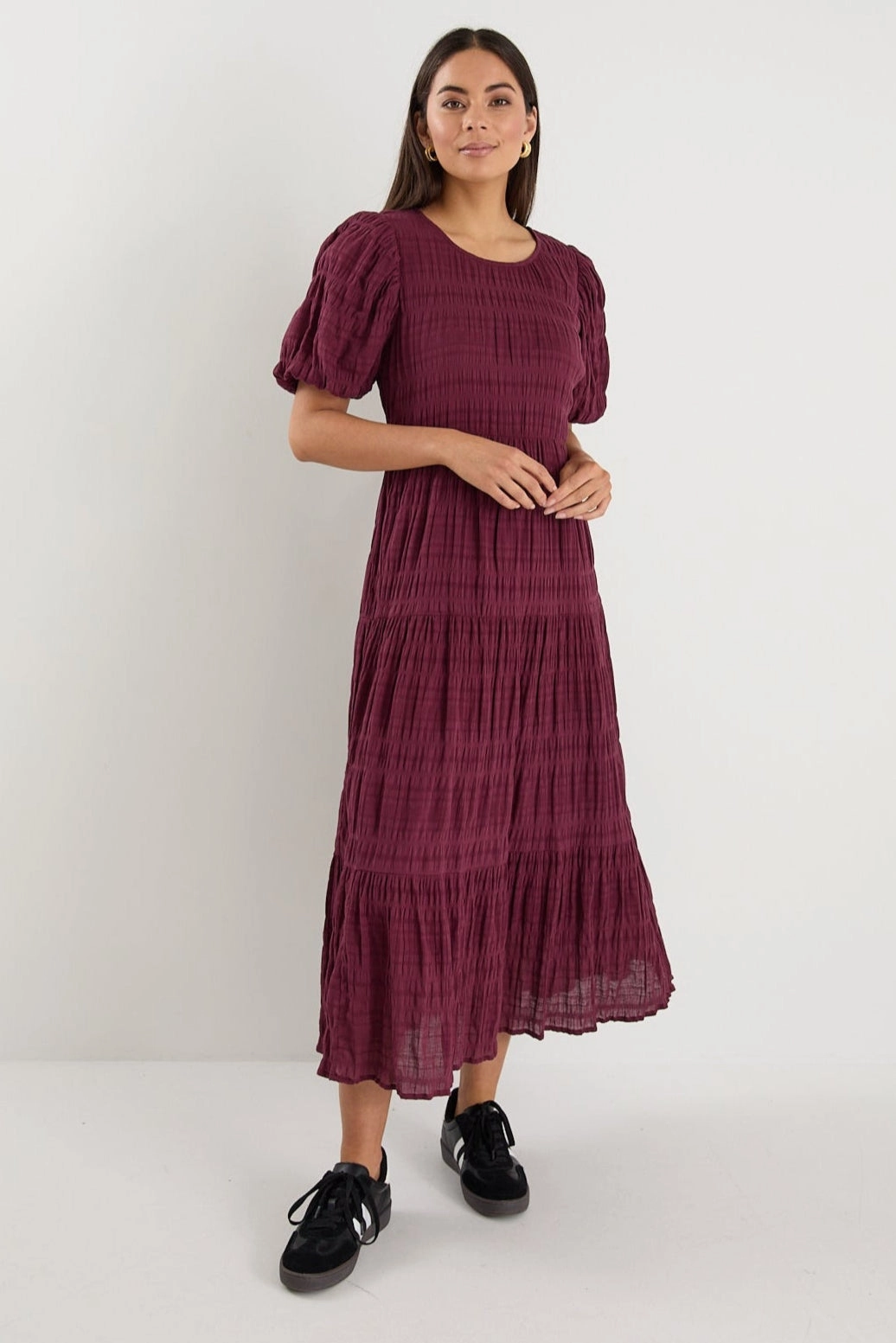 Photo Bright Graceful Burgundy Shirred Cotton Bubble Short Sleeve Tiered Maxi Dress