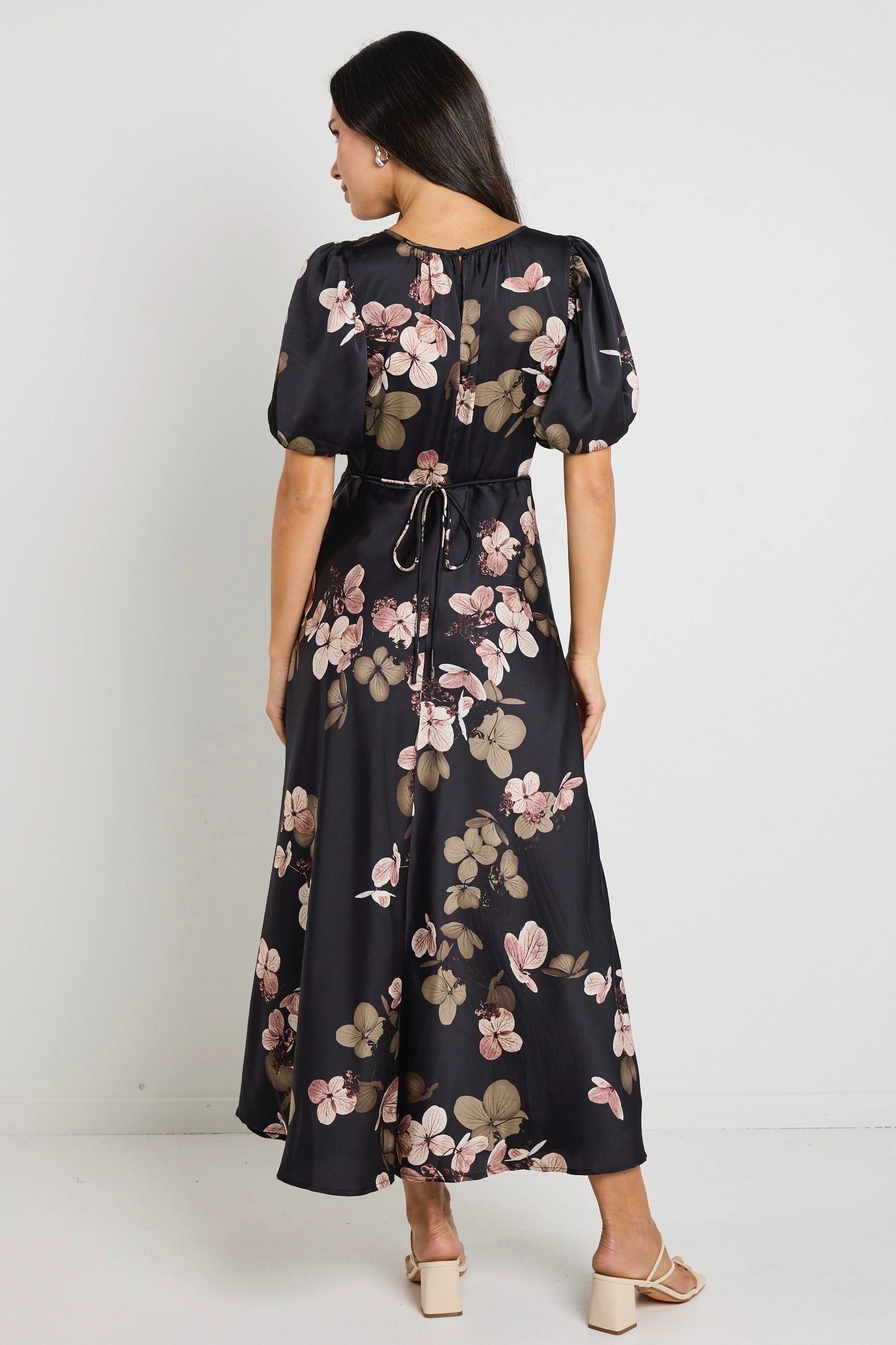 Stage Black Floral Satin Puff Sleeve Floaty Maxi Dress Party Perfect Minimal Motion