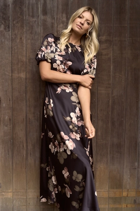 Stage Black Floral Satin Puff Sleeve Floaty Maxi Dress Pure Lines