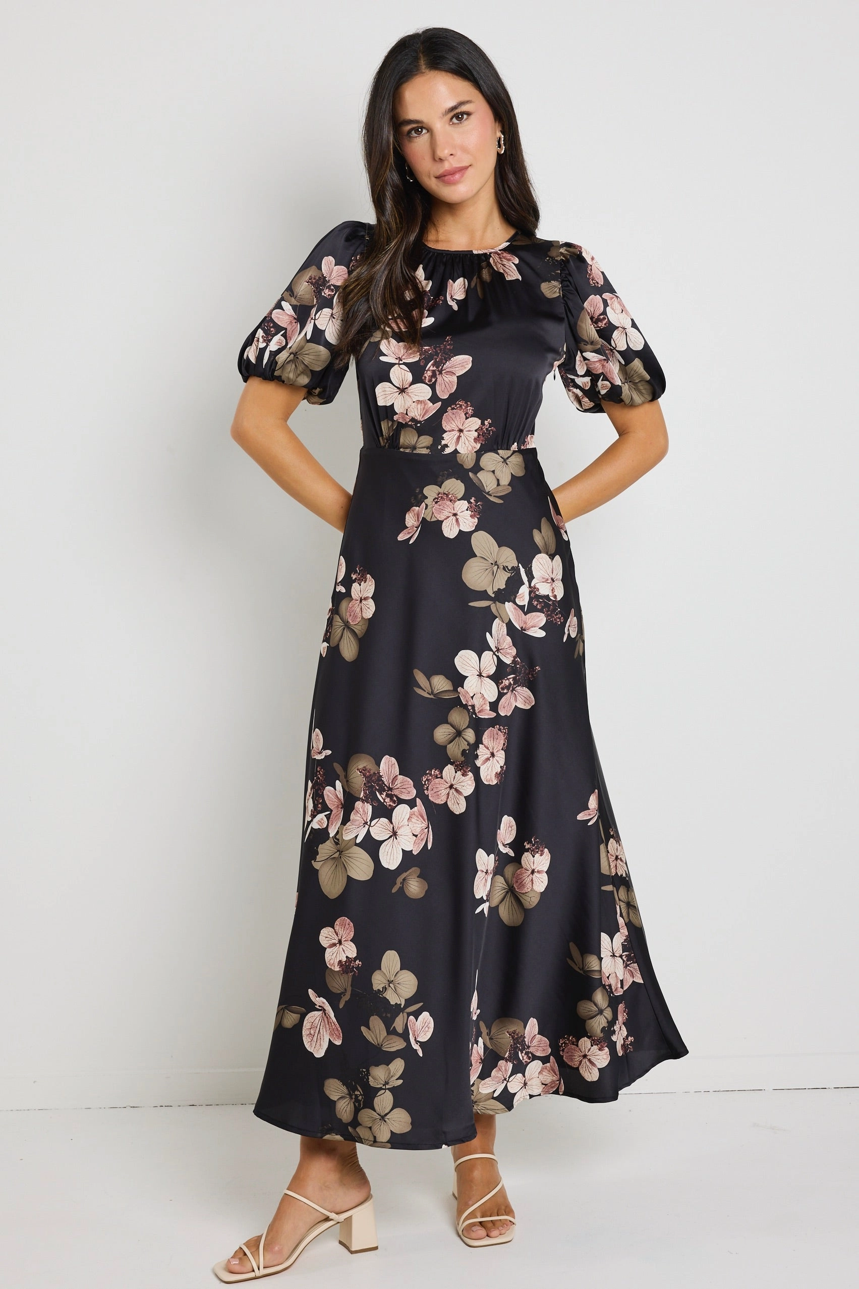 Stage Black Floral Satin Puff Sleeve Floaty Maxi Dress Clean Grace Korean Mood