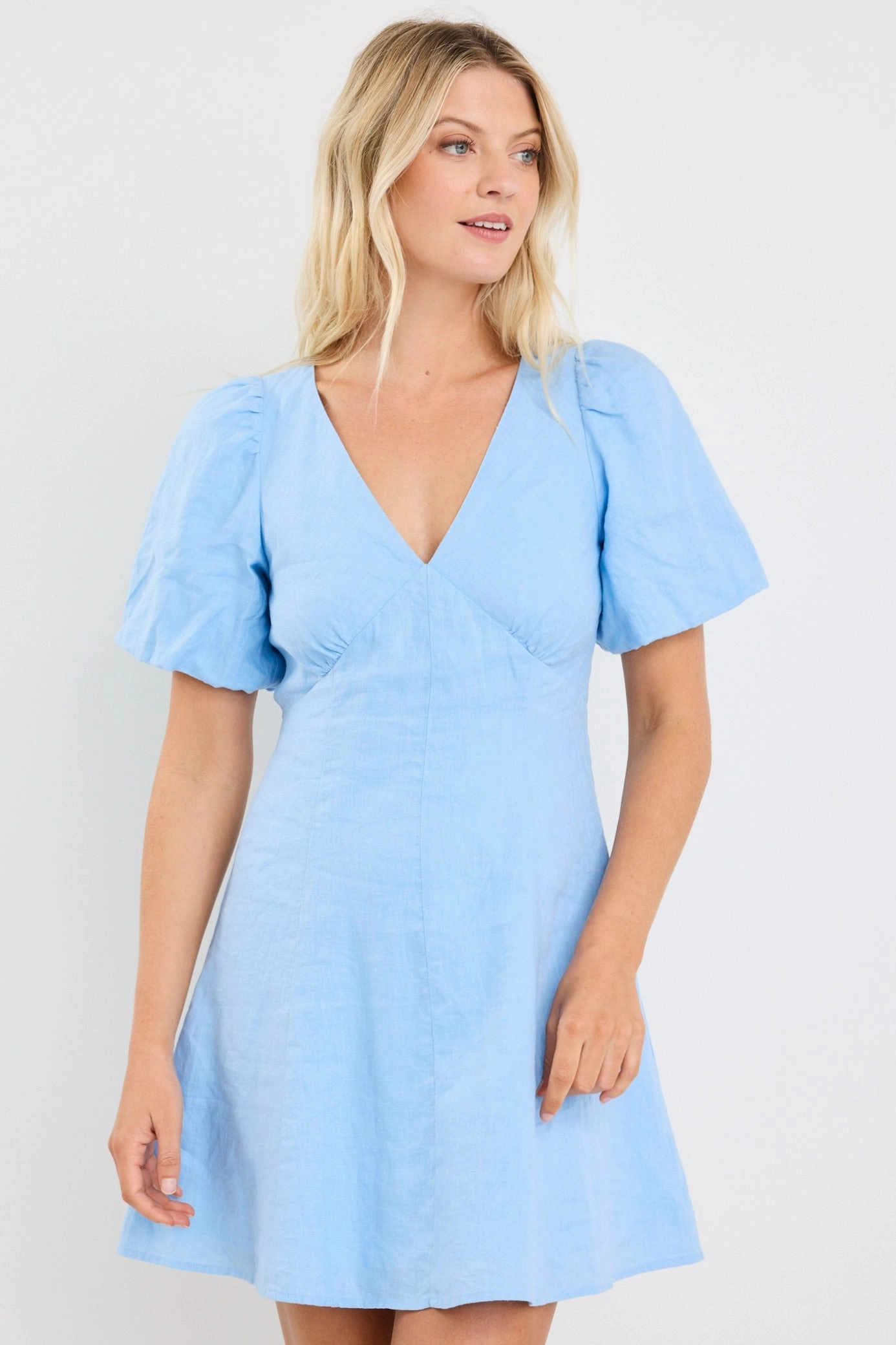Quick Match Embroidered-Detail Adelaide Sky Blue Linen Puff Sleeve Panelled Mini Dress