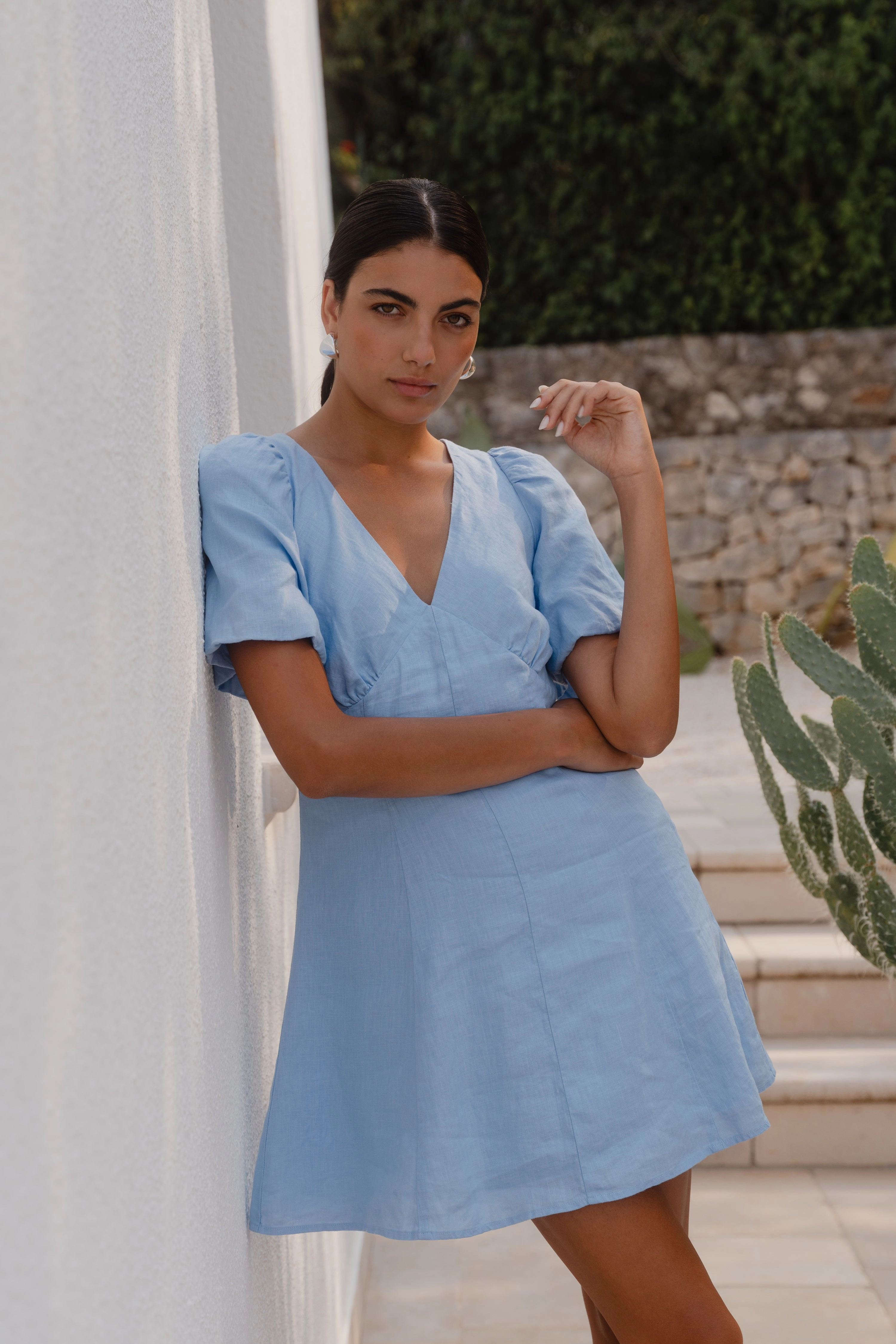 Adelaide Sky Blue Linen Puff Sleeve Panelled Mini Dress Comfy and Chic City Casual