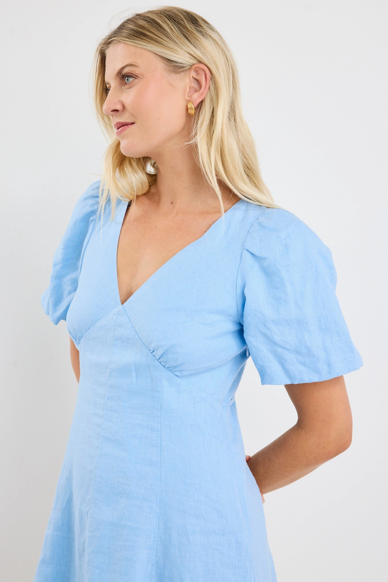 Tie-dye Adelaide Sky Blue Linen Puff Sleeve Panelled Mini Dress