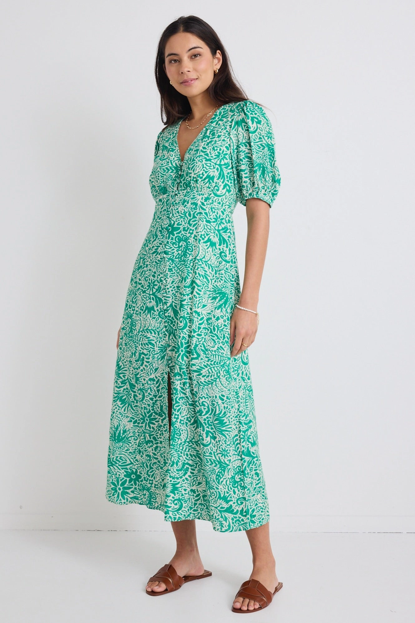 Elemental Green Batik Print Short Sleeve Button Front Midi Dress Bless Glow