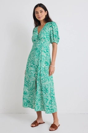Elemental Green Batik Print Short Sleeve Button Front Midi Dress Bless Glow