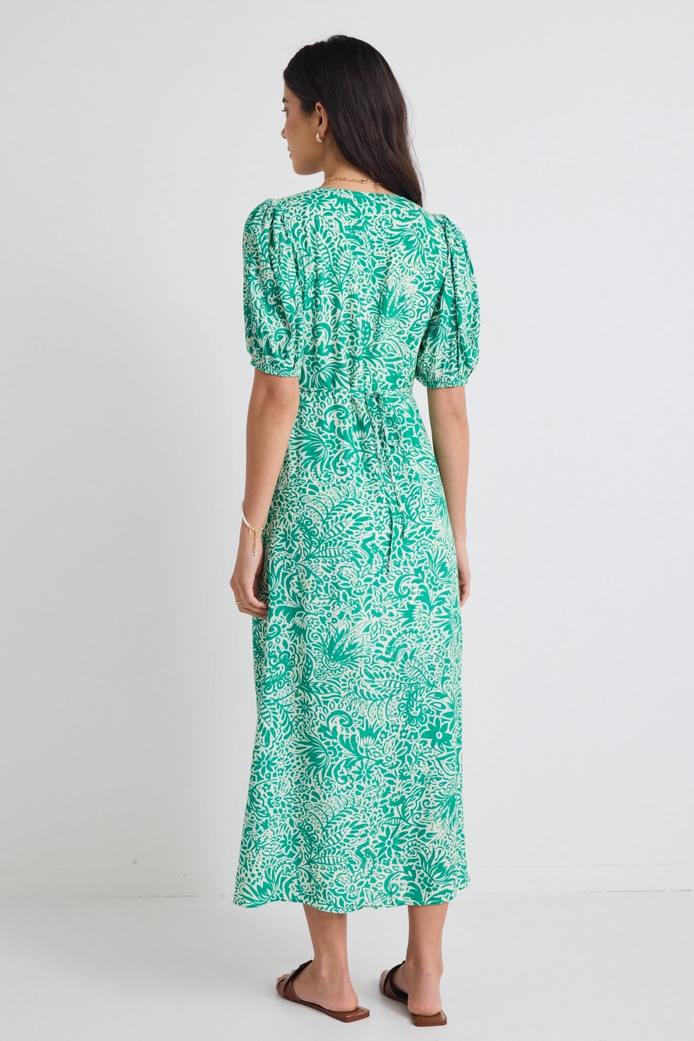 Elemental Green Batik Print Short Sleeve Button Front Midi Dress Smart Style Airy Layer