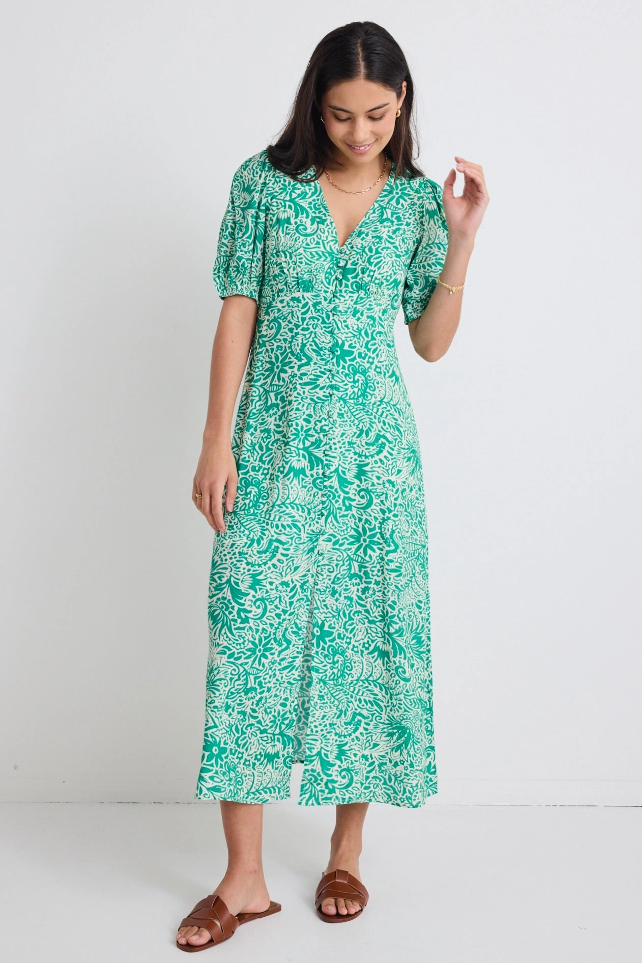 Elemental Green Batik Print Short Sleeve Button Front Midi Dress Sunset Glow