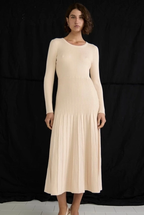 Date-Night Elena Vanilla Rib Knit LS Midi Dress