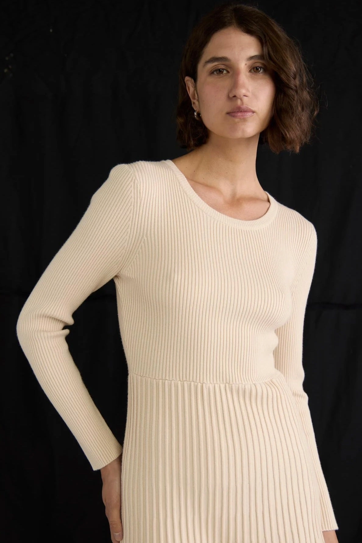 Elena Vanilla Rib Knit LS Midi Dress Sharp Motion