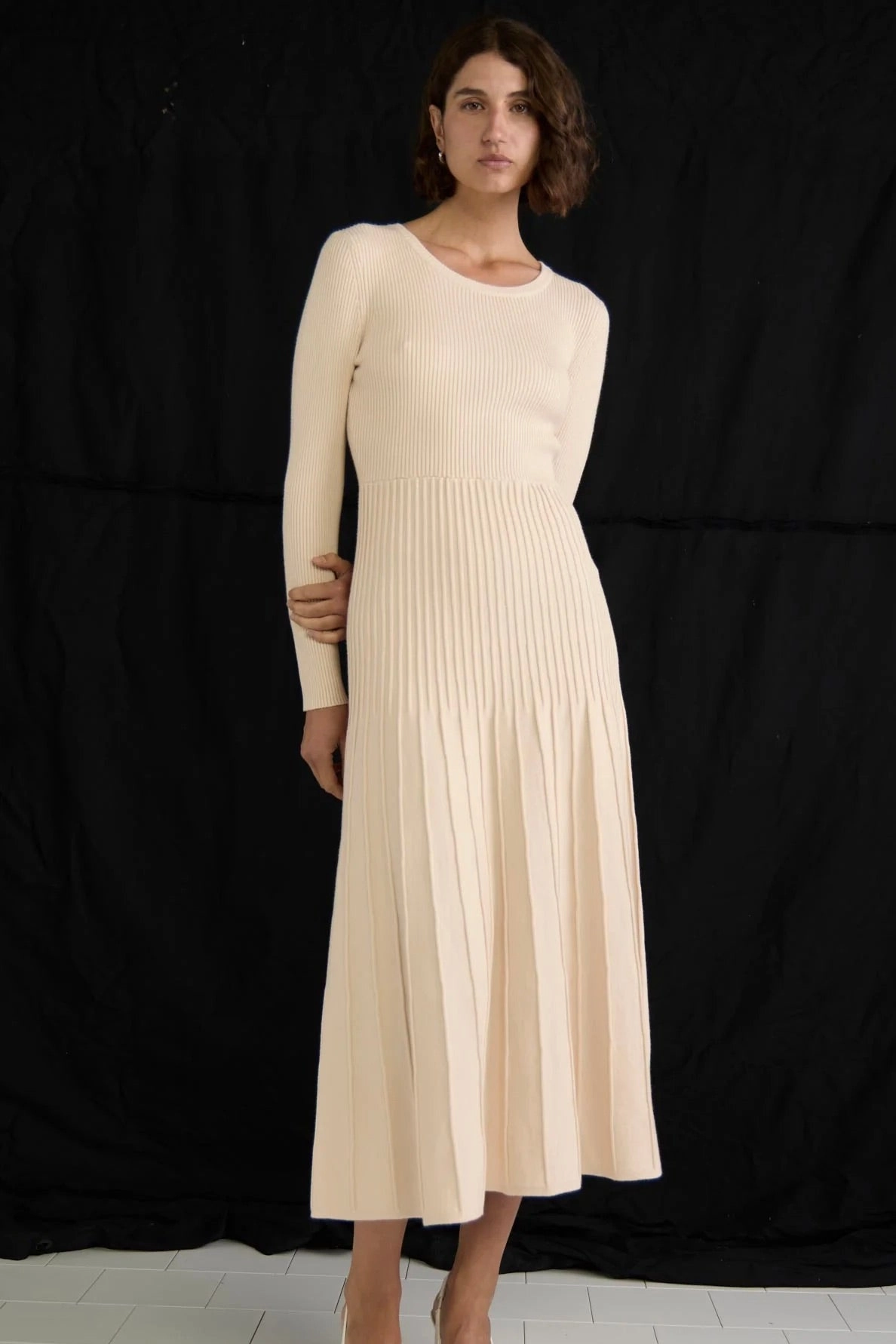 Elena Vanilla Rib Knit LS Midi Dress Stay Cool Sophisticated Design