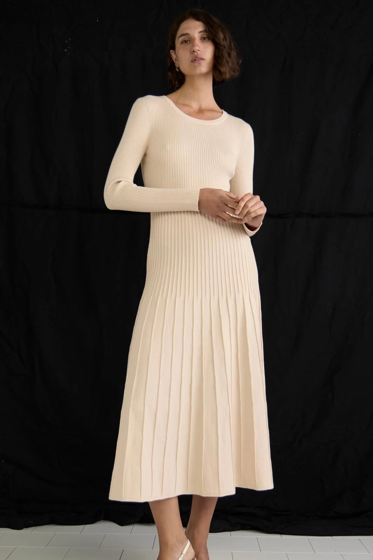 ContrastStitching Elena Vanilla Rib Knit LS Midi Dress