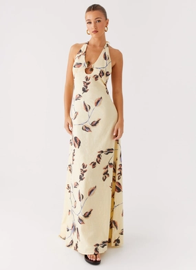 Perfect Layer Side-Slit Elvina Halter Neck Maxi Dress - Buttercream Bliss