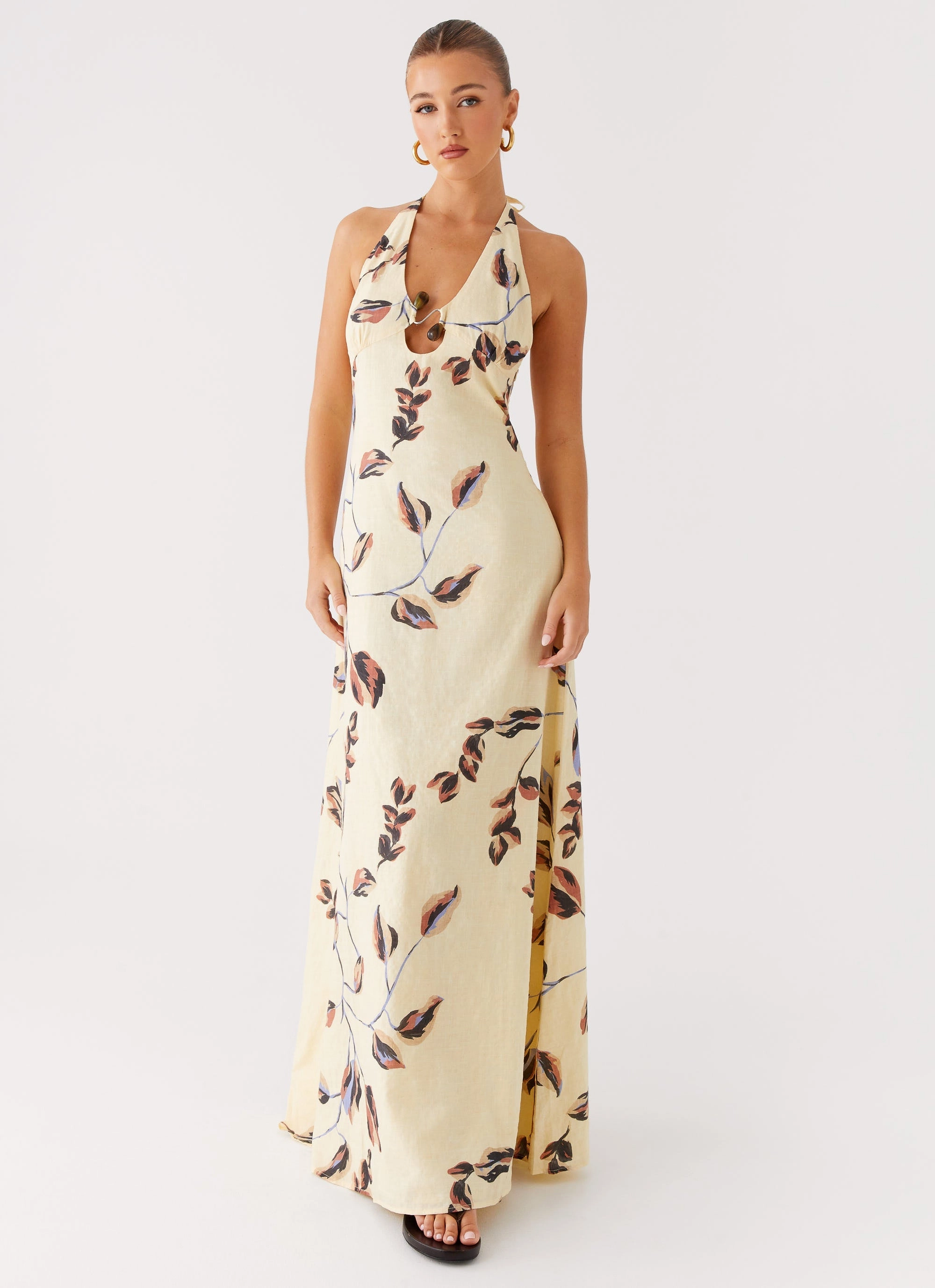 Perfect Layer Side-Slit Elvina Halter Neck Maxi Dress - Buttercream Bliss