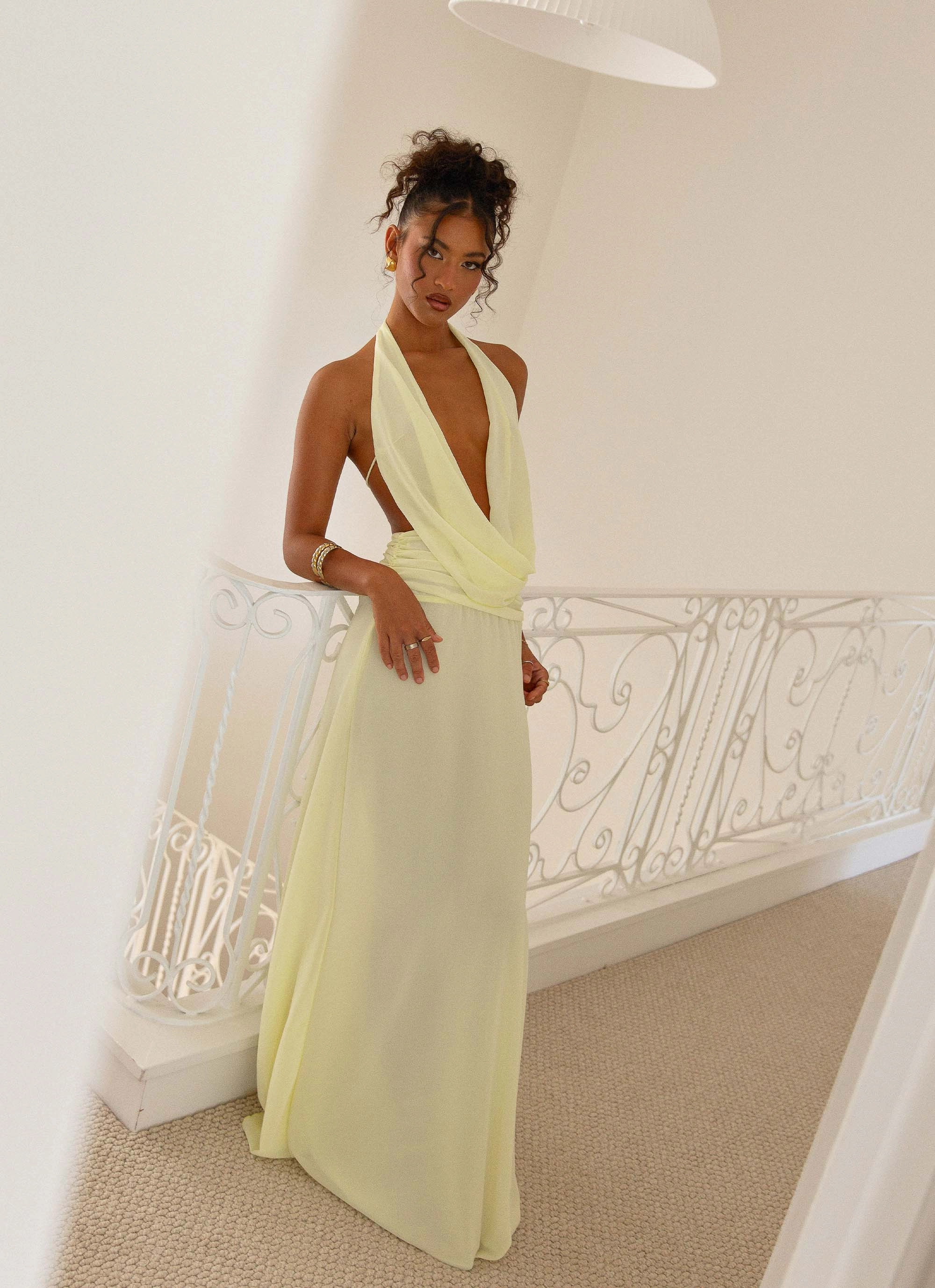 Timeless and Comfortable Dance-Party Elysia Chiffon Maxi Dress - Lemon