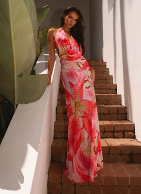 Elysia Mesh Maxi Dress - White Pink Lilly Glam Feel