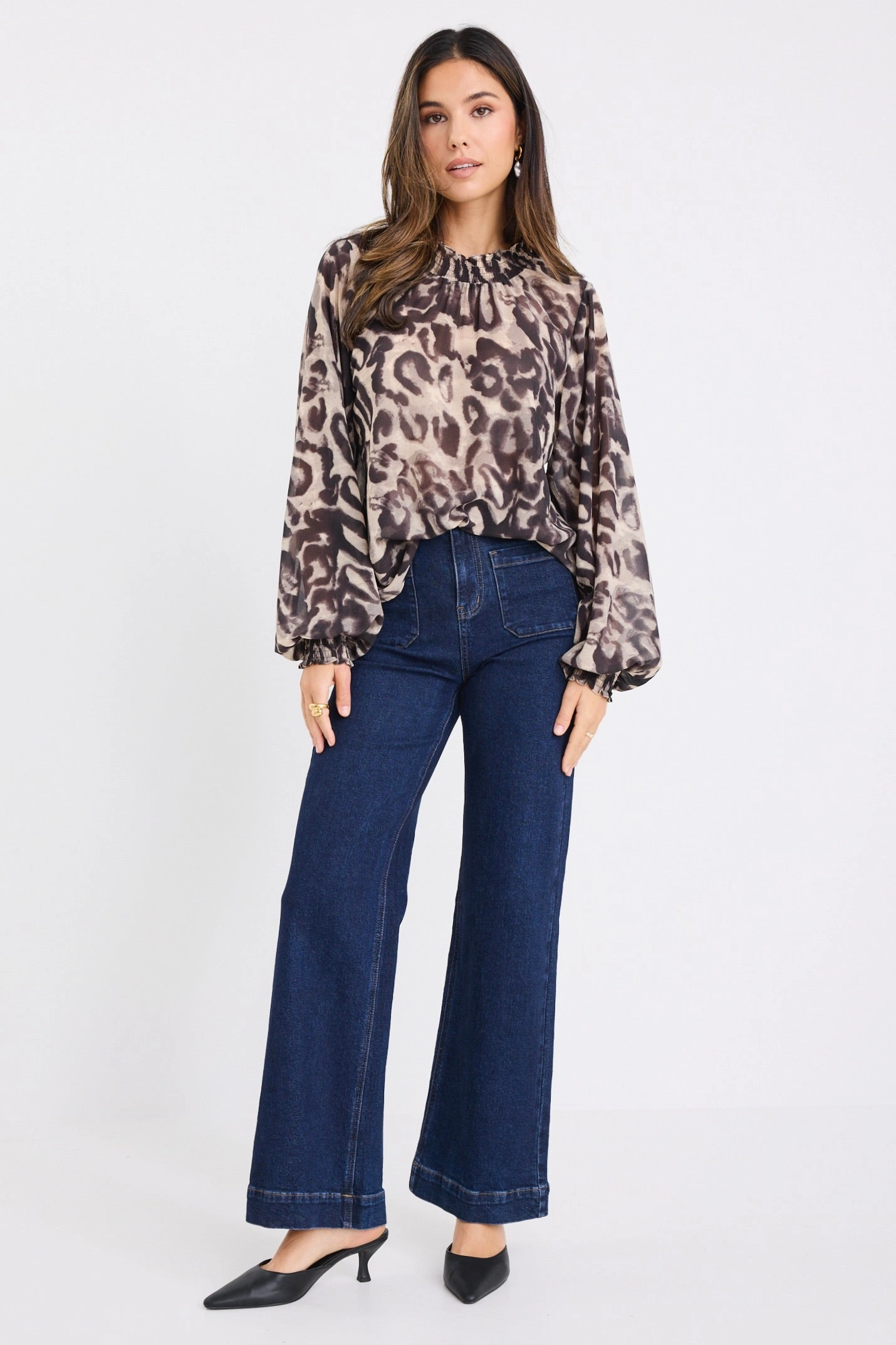 OEKOTEX Certified Fabric Low Profile Waistband Integration Embrace Animal Print Georgette Shirred Neck LS Top