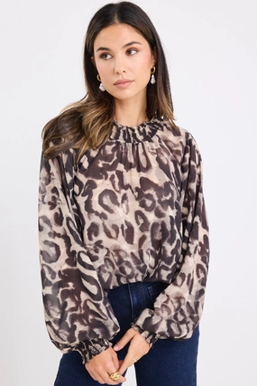 Tear Resistant Fiber Blend GarmentWashed Softness Embrace Animal Print Georgette Shirred Neck LS Top