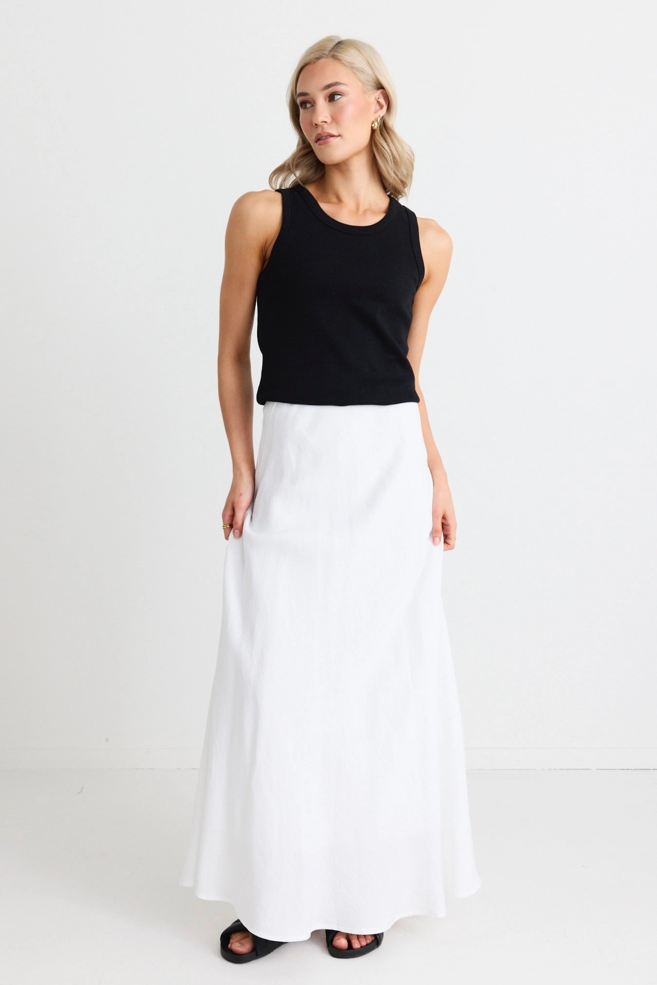 Travel Friendly Lagos White Linen Blend Bias Maxi Skirt