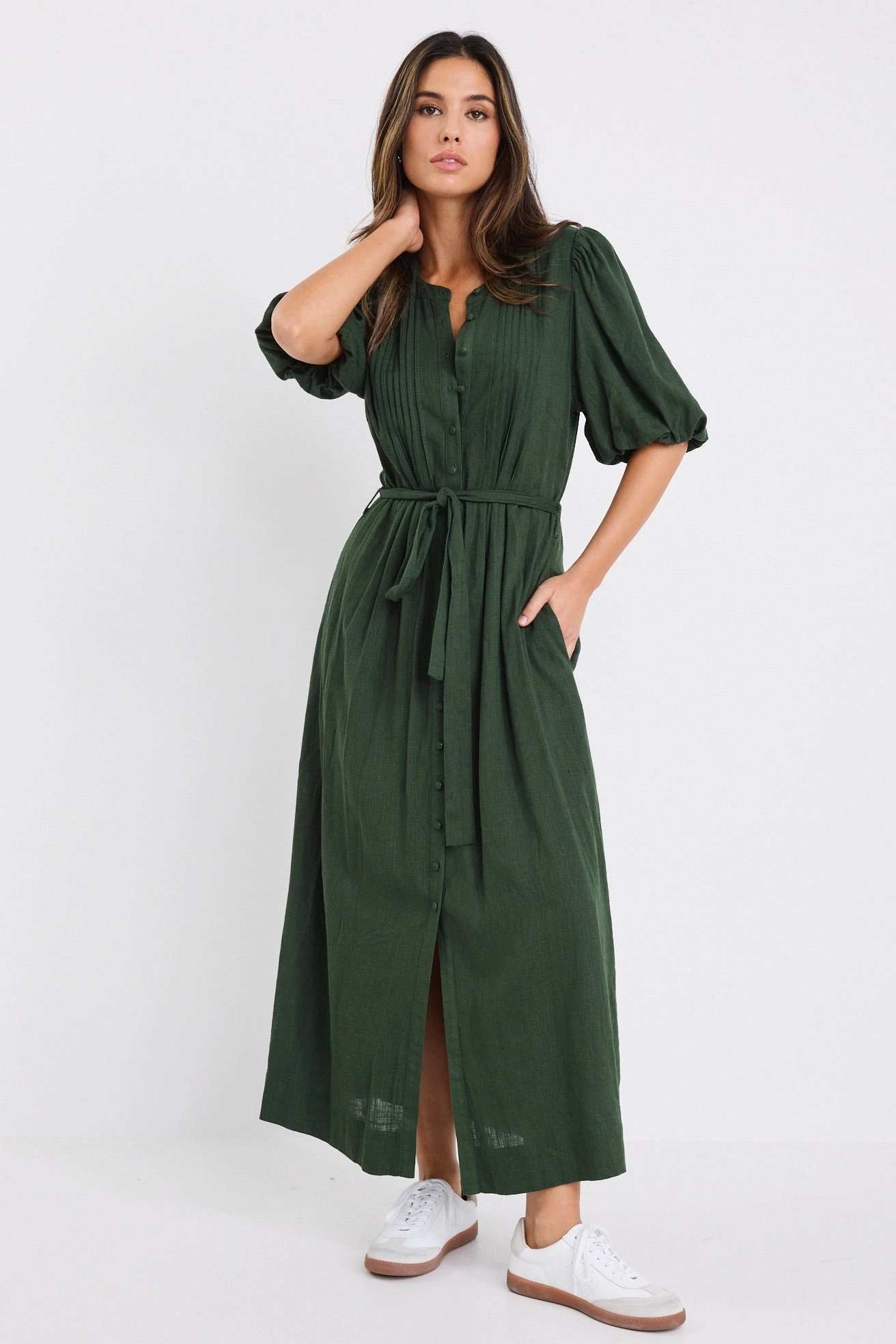 Relax Mode Emotion Forest Puff Sleeve Pin Tuck Midi Shirt Dress