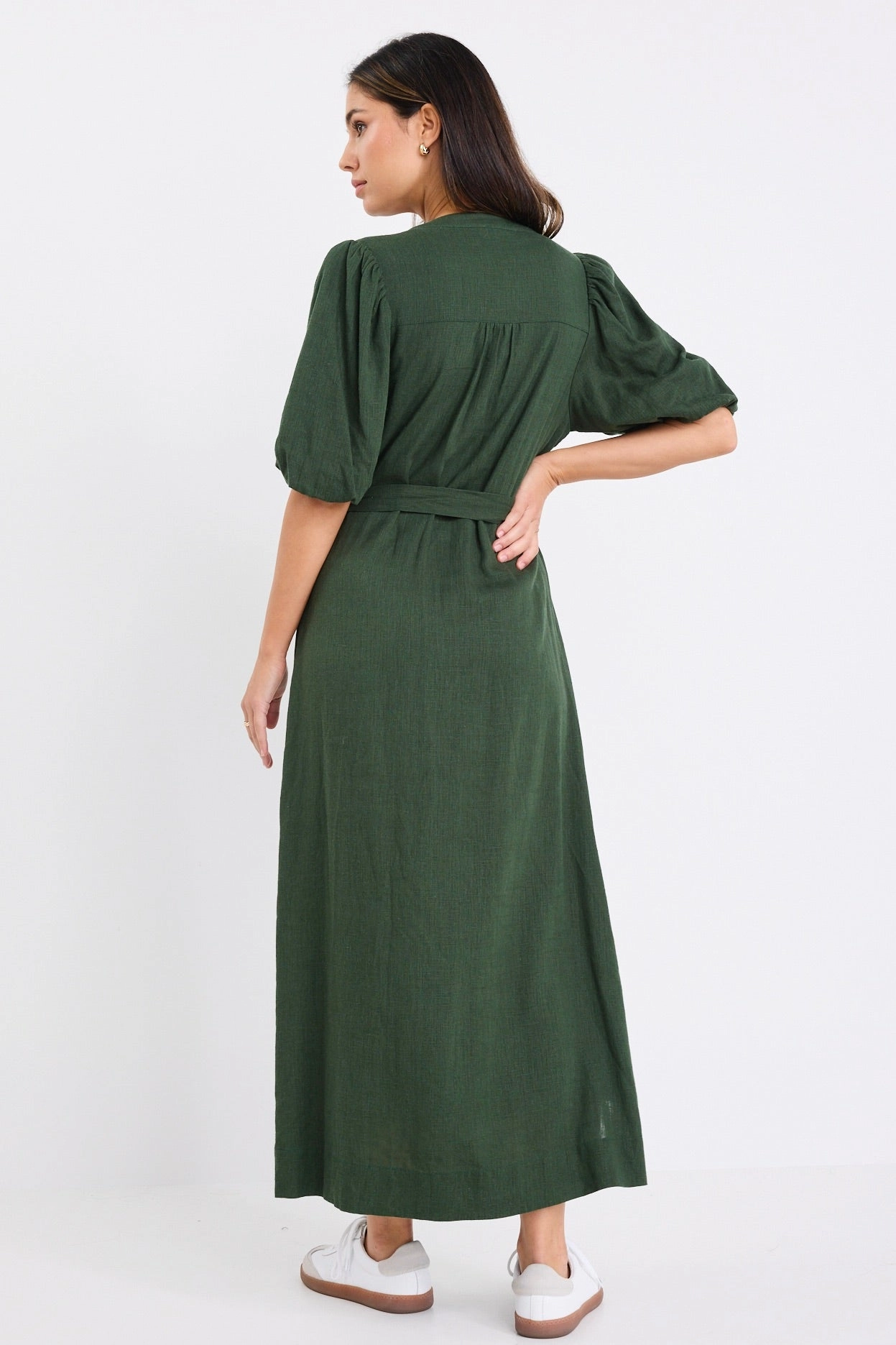 Stylish and Comfortable Emotion Forest Puff Sleeve Pin Tuck Midi Shirt Dress