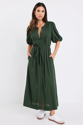 Silk Shine sophisticated appearance Emotion Forest Puff Sleeve Pin Tuck Midi Shirt Dress
