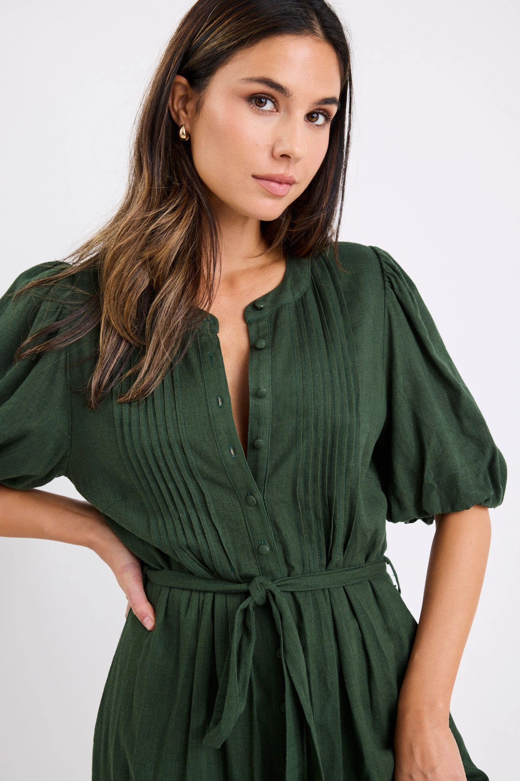 Emotion Forest Puff Sleeve Pin Tuck Midi Shirt Dress Sleek Design Light Shape